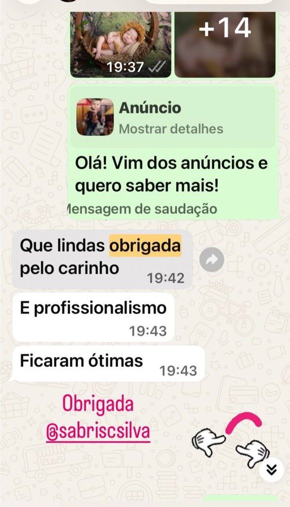 Print de depoimento real de cliente no WhatsApp sobre o ensaio newborn